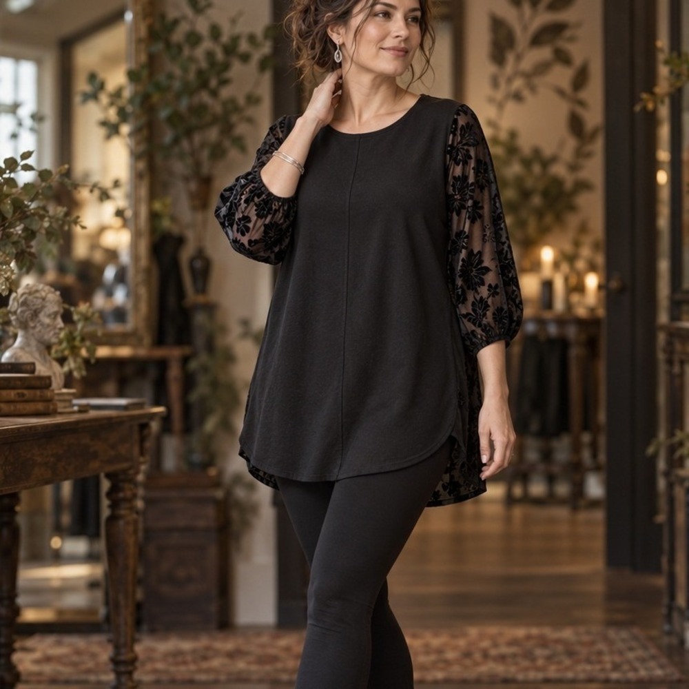 LOGO Lori Goldstein Womens Black Floral Burnout Velvet Mixed Media Tunic Top M